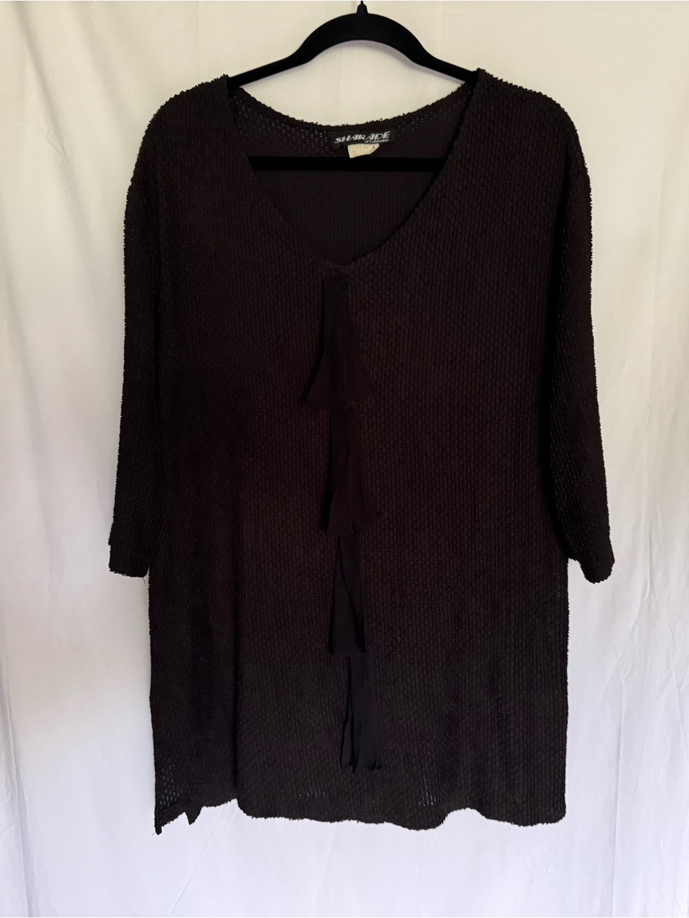 Vtg Sharade of California‎ Black Textured Tunic Top Sz 16 Popcorn Fabric Ruffle
